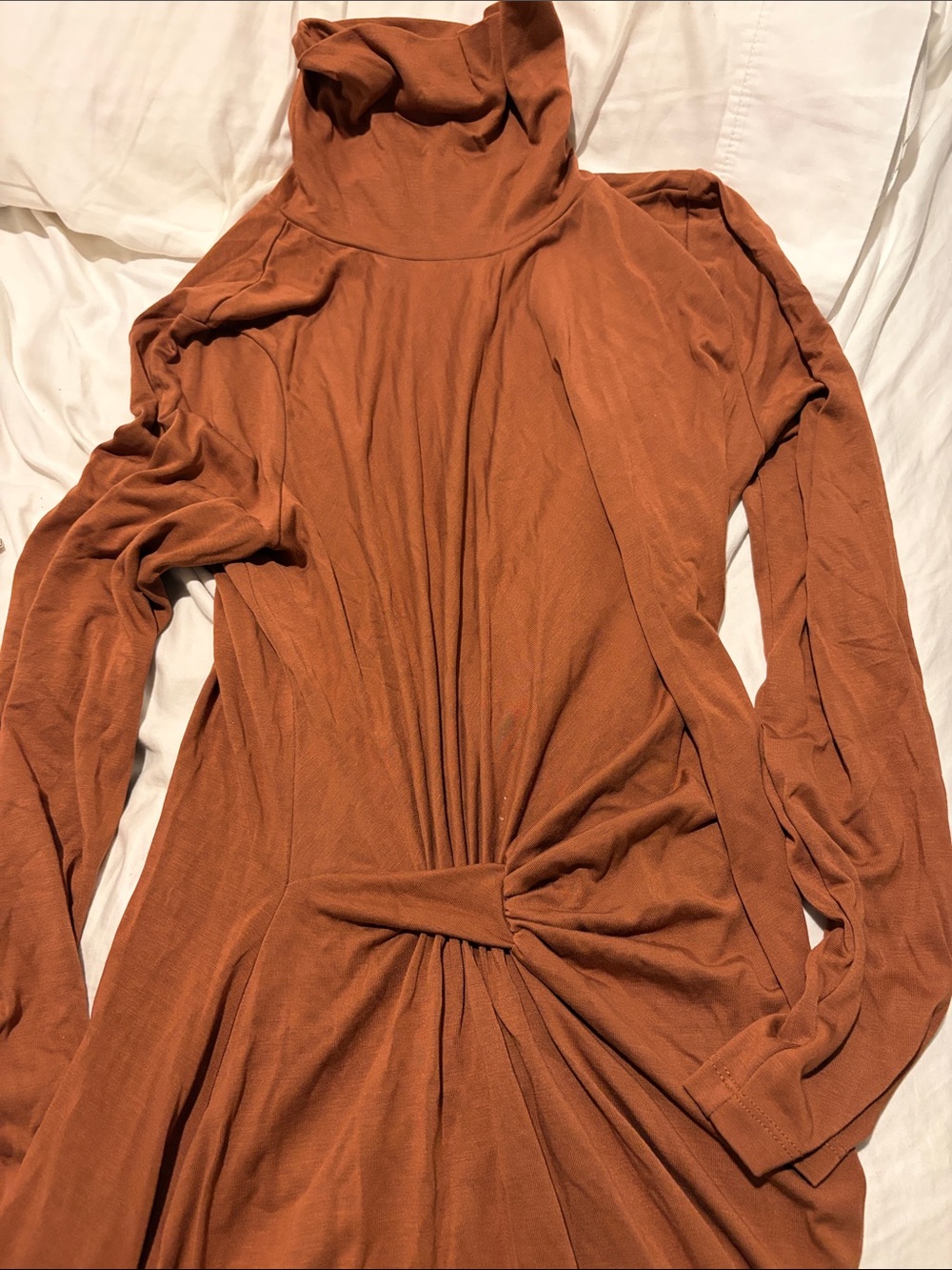 Reiss Rust Twist-Front Turtleneck Long Sleeve Dress